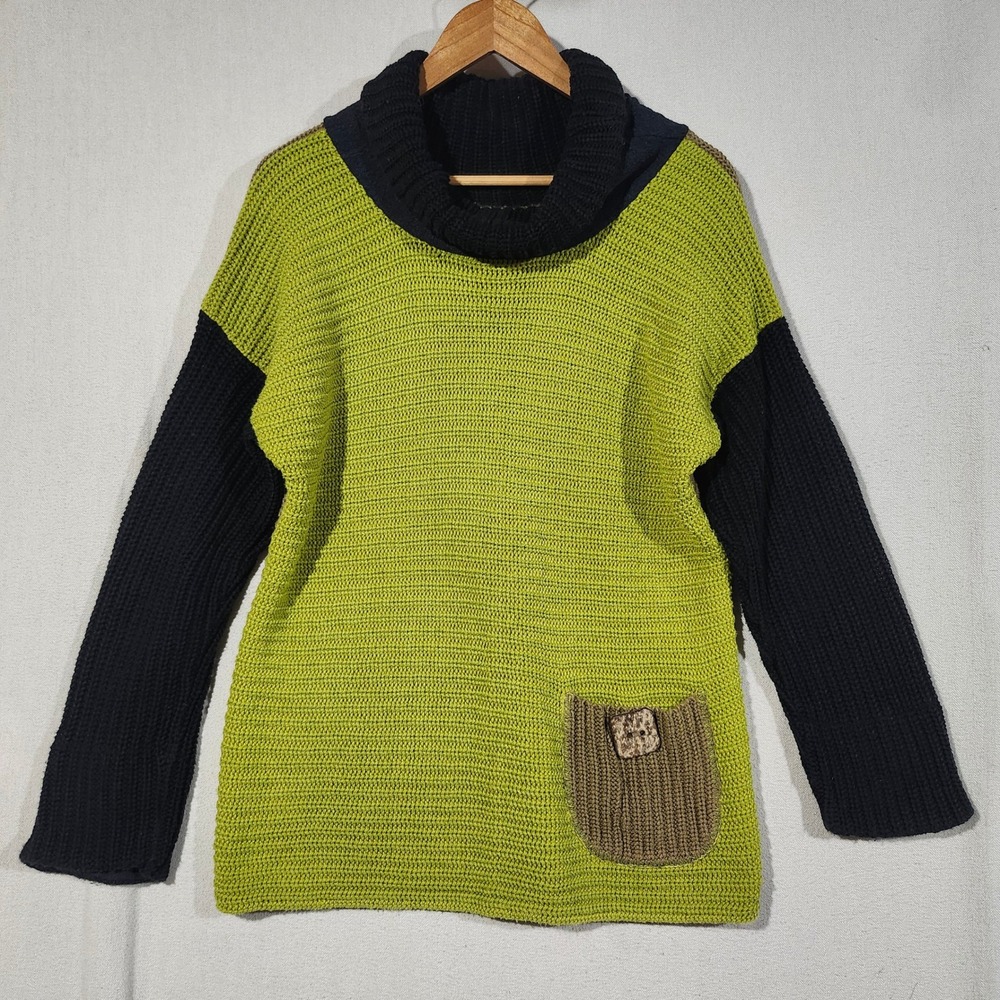 Margaret Winters New York Colorblock Cowl Neck Knit Sweater Green Brown Navy M